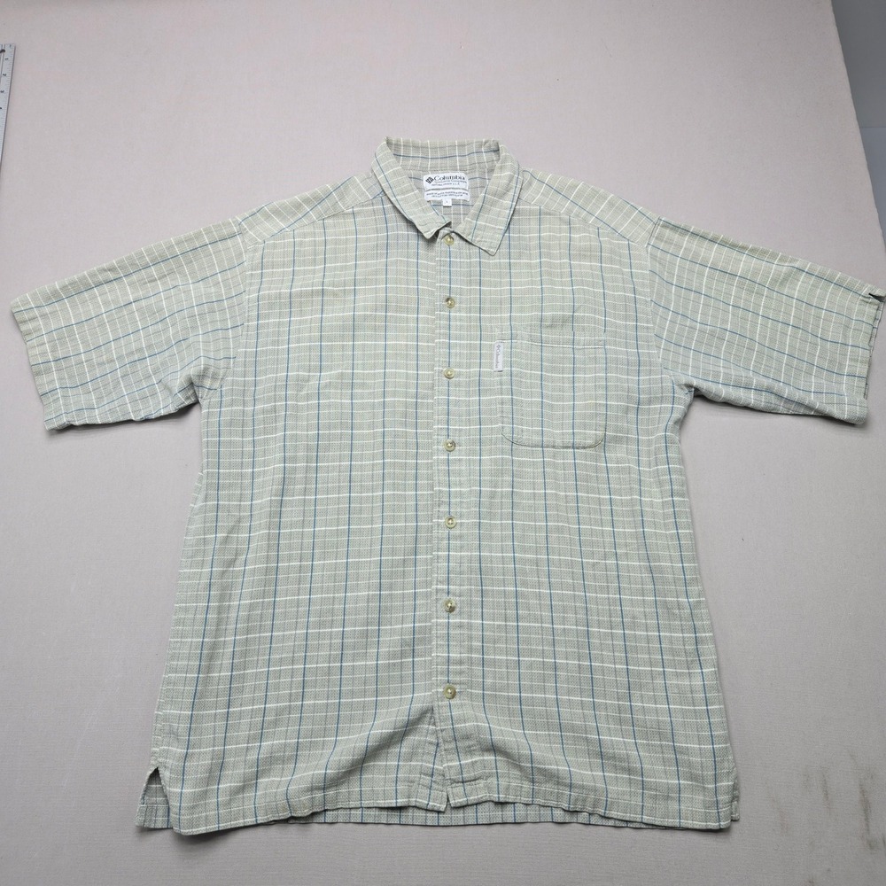 Columbia Button Down Shirt Plaid Short Sleeve Gray Blue Cotton Mens Large L